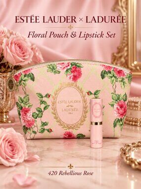 Estee Lauder x Laduree Limited Edition Floral Pouch & Lipstick Set 420 Rebelliou